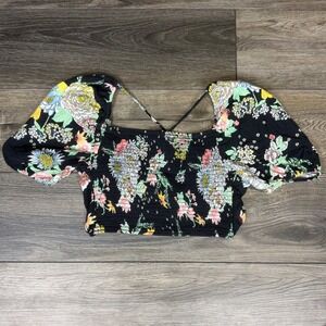 Maaji Smocked Floral Crop Top Black Medium Puff‎ Sleeve Open Back Boho Festival